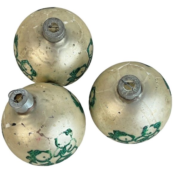 3 Vintage Shiny Brite Christmas Ornaments Teddy Bear Stencil Glitter Green White - Picture 5 of 12